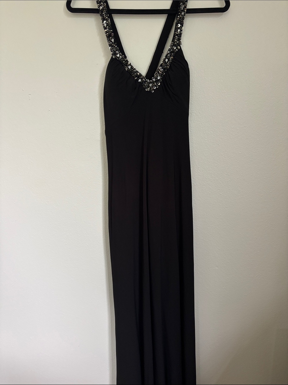 Betsy & Adam Black Maxi Dress with Sequin-Trim V-Straps
